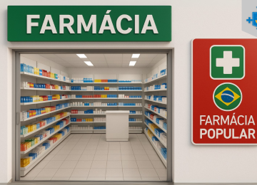 Fachada de farmácia com o selo do programa Farmácia Popular, mostrando prateleiras organizadas com medicamentos e o letreiro oficial do governo com a bandeira do Brasil, símbolo da saúde e o nome 